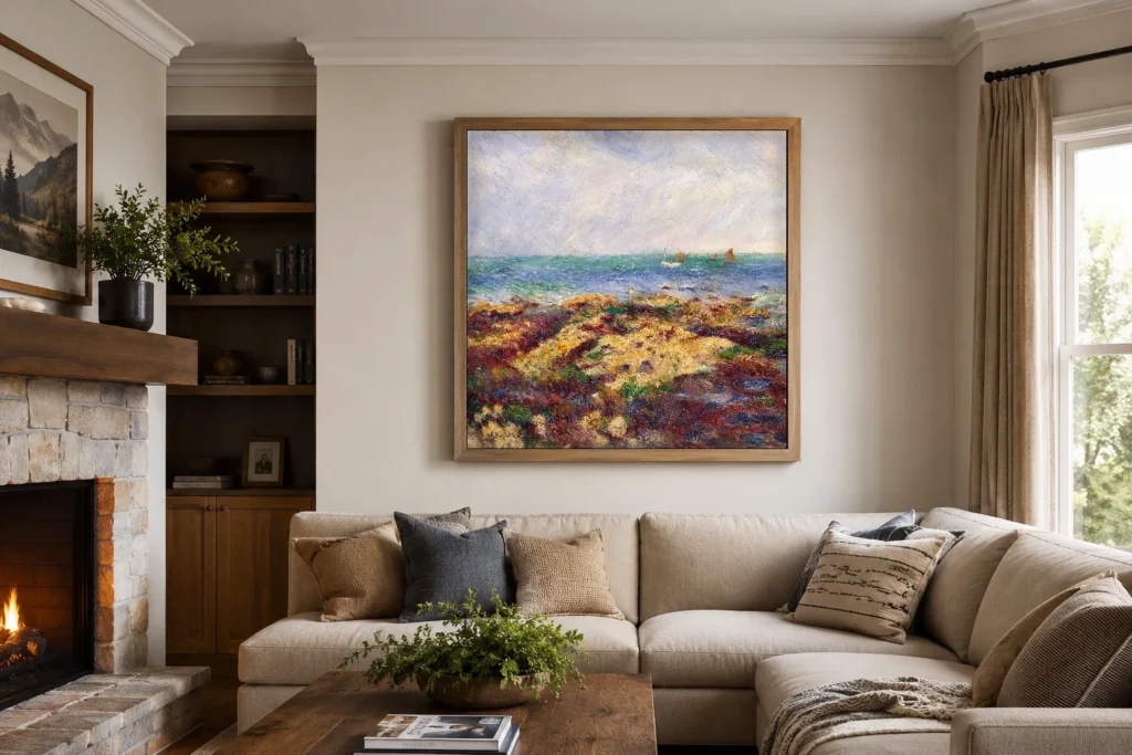 Framed print of Low Tide at Yport hanging on a wall in a furnished room