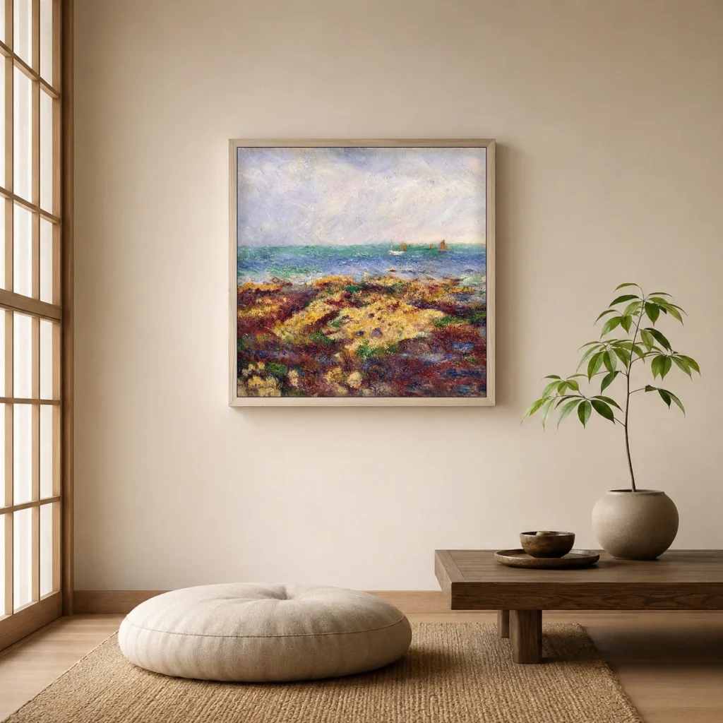Framed print of Low Tide at Yport hanging on a wall in a furnished room