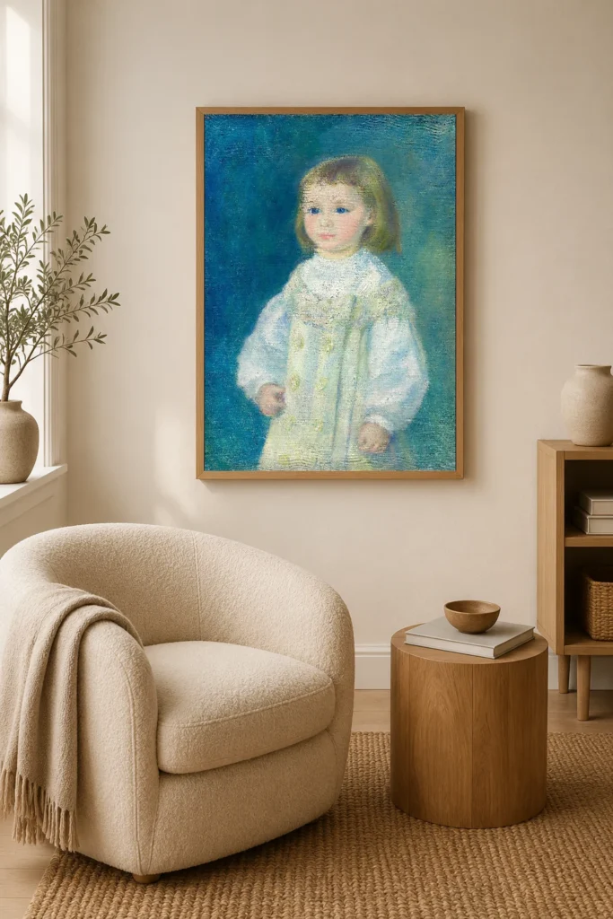 Framed print of Lucie Berard (Child in White) hanging on a wall in a furnished room