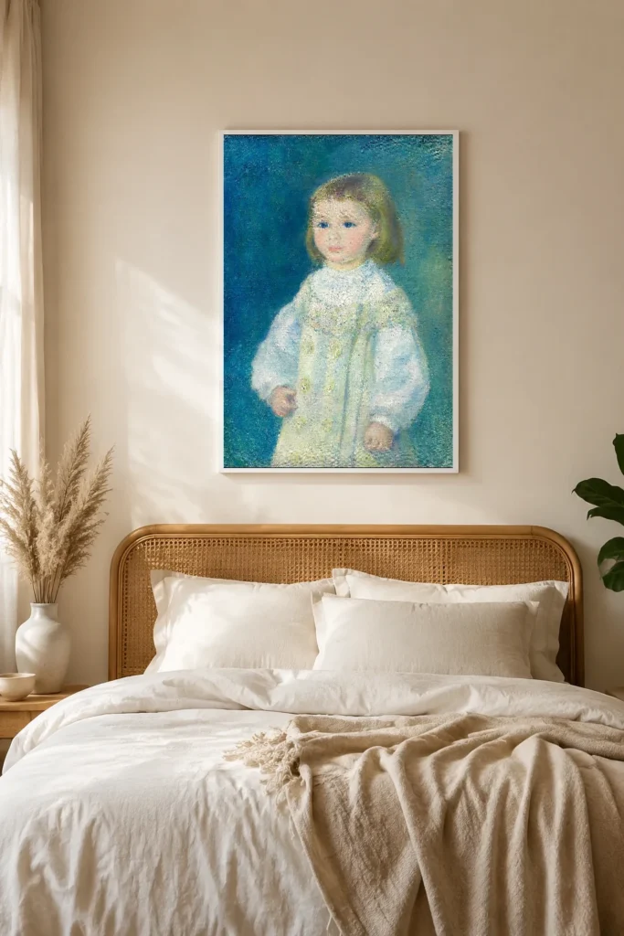Framed print of Lucie Berard (Child in White) hanging on a wall in a furnished room