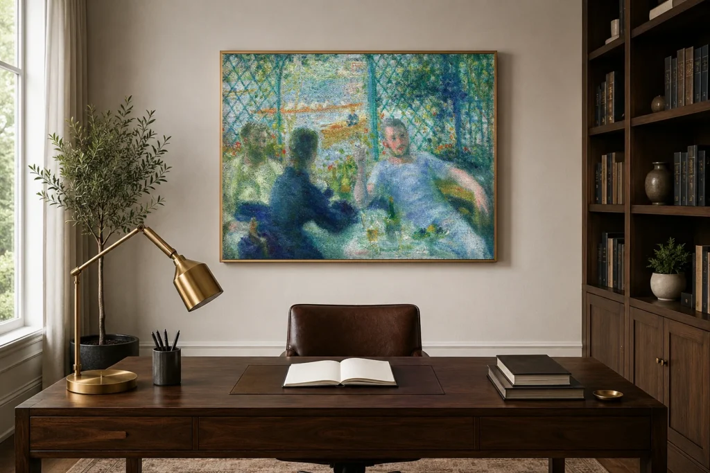 Framed print of Lunch at the Restaurant Fournaise hanging on a wall in a furnished room