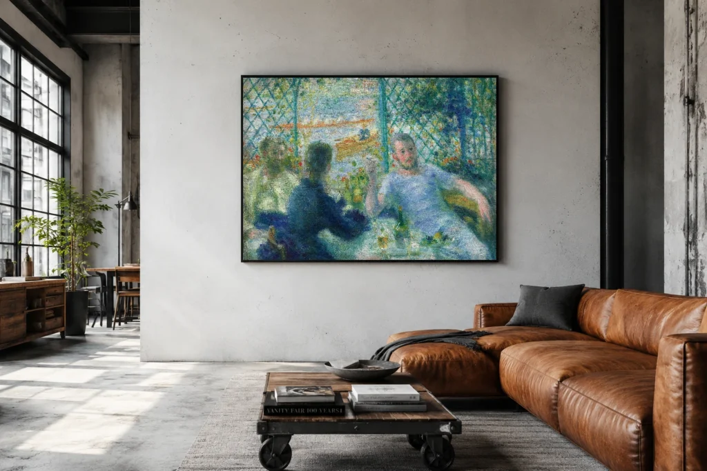Framed print of Lunch at the Restaurant Fournaise hanging on a wall in a furnished room