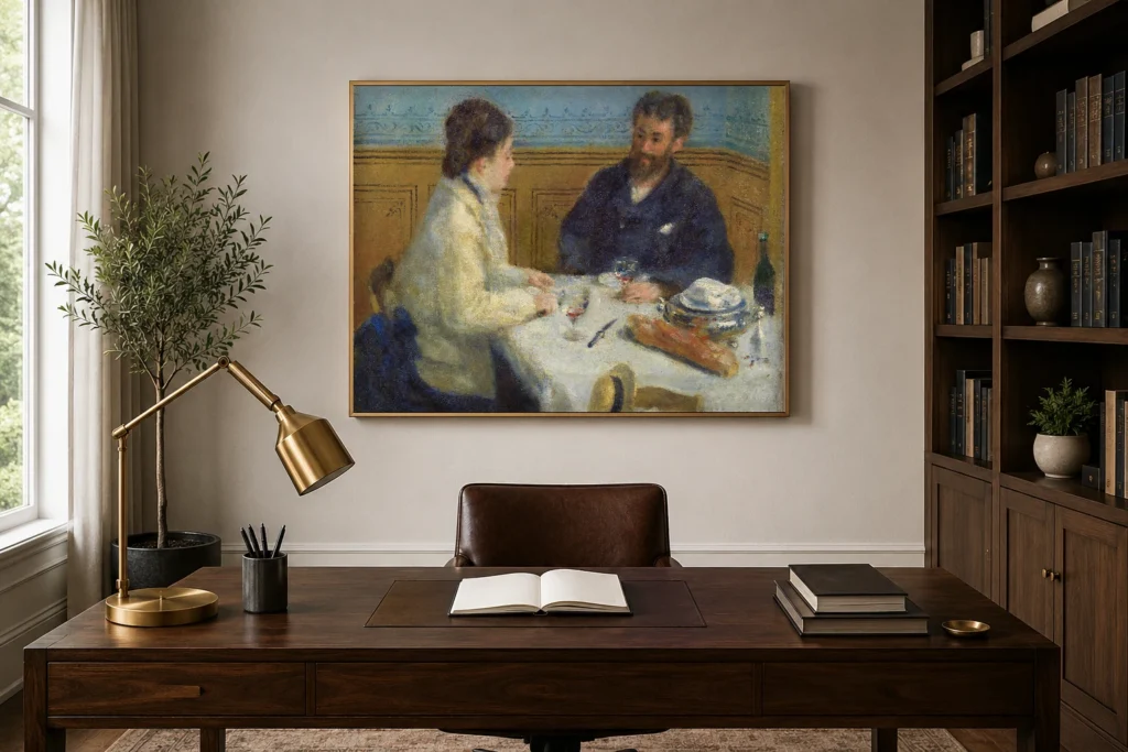 Framed print of Luncheon (Le Déjeuner) hanging on a wall in a furnished room