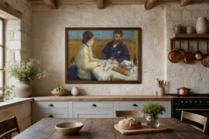 Framed print of Luncheon (Le Déjeuner) hanging on a wall in a furnished room