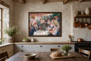 Framed print of Luncheon of the Boating Party hanging on a wall in a furnished room