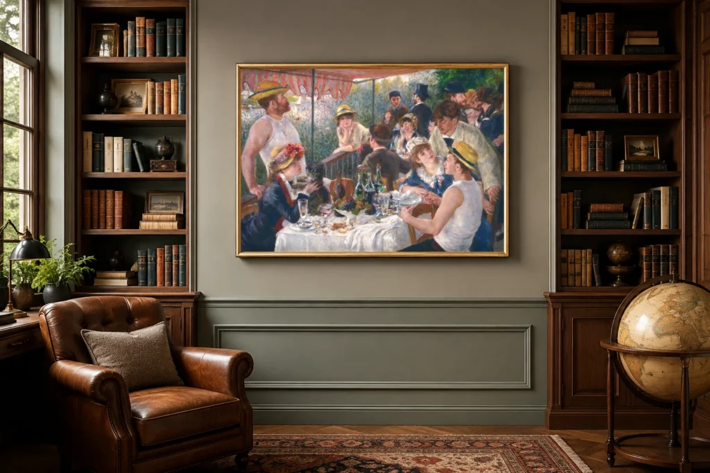 Framed print of Luncheon of the Boating Party hanging on a wall in a furnished room