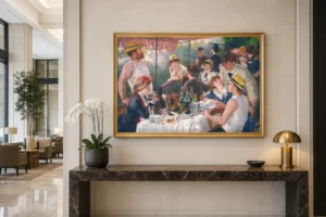 Framed print of Luncheon of the Boating Party hanging on a wall in a furnished room