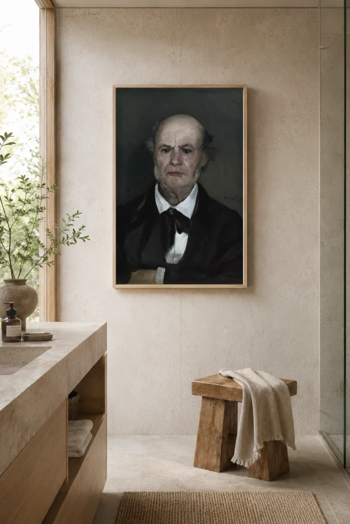 Framed print of Léonard Renoir, The Artist’s Father hanging on a wall in a furnished room
