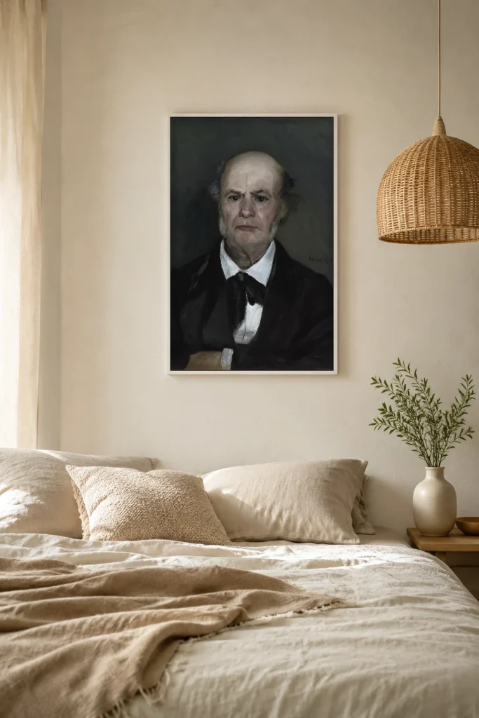 Framed print of Léonard Renoir, The Artist’s Father hanging on a wall in a furnished room