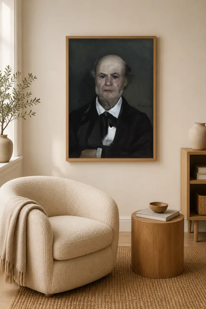 Framed print of Léonard Renoir, The Artist’s Father hanging on a wall in a furnished room