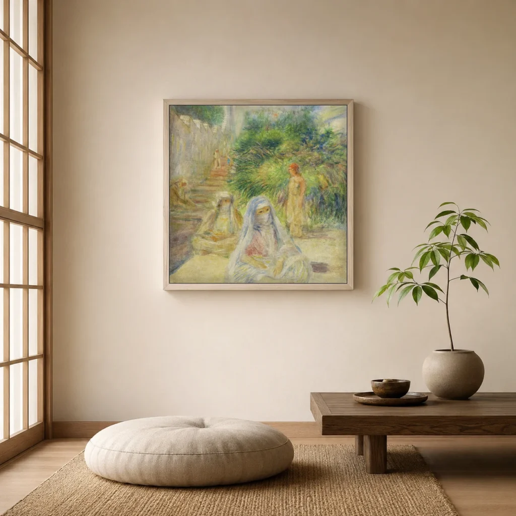 Framed print of The Staircase, Algiers hanging on a wall in a furnished room