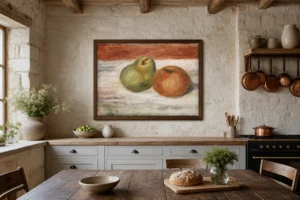 Framed print of Apple and Pear (Pomme et poire) hanging on a wall in a furnished room