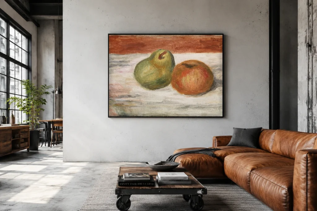 Framed print of Apple and Pear (Pomme et poire) hanging on a wall in a furnished room