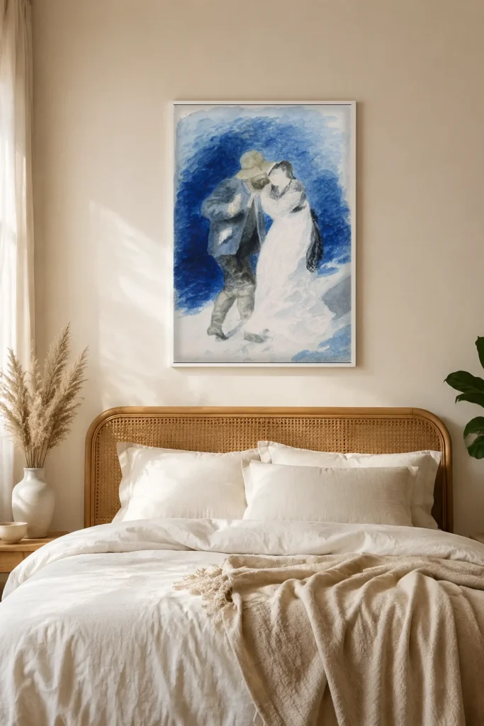 Framed print of M. Jules Le Coeur and Mlle. Clemence Trehot hanging on a wall in a furnished room