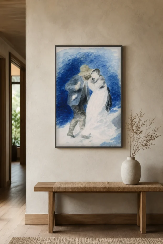 Framed print of M. Jules Le Coeur and Mlle. Clemence Trehot hanging on a wall in a furnished room