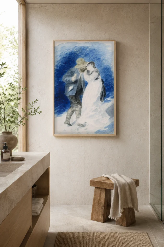 Framed print of M. Jules Le Coeur and Mlle. Clemence Trehot hanging on a wall in a furnished room