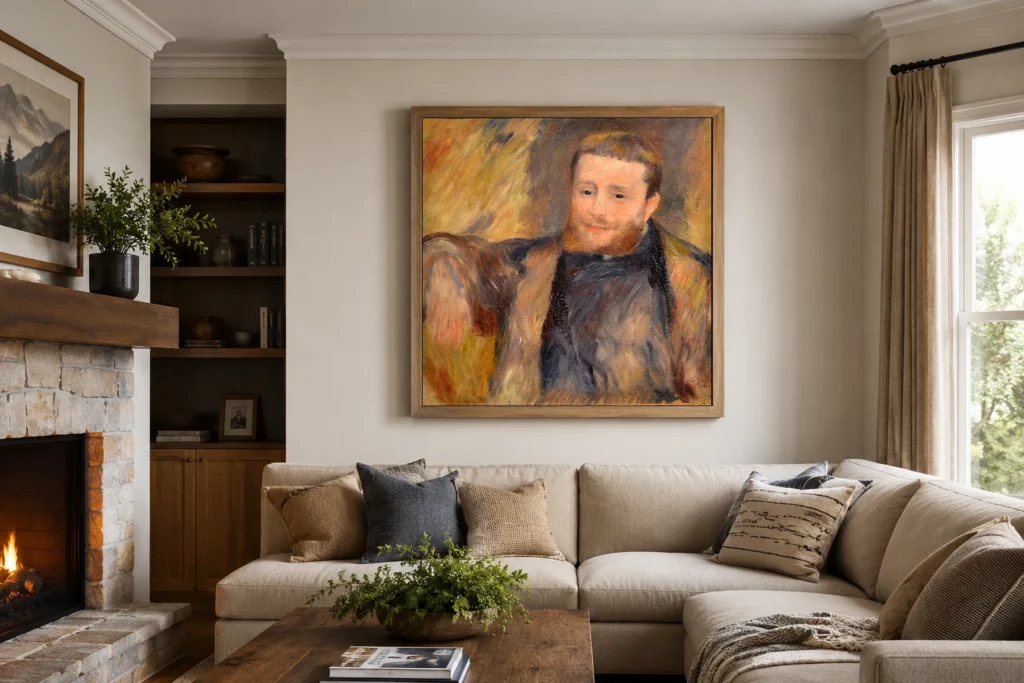 Framed print of M. Lestringuez hanging on a wall in a furnished room