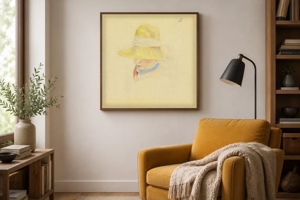 Framed print of Madame Renoir with a Hat hanging on a wall in a furnished room