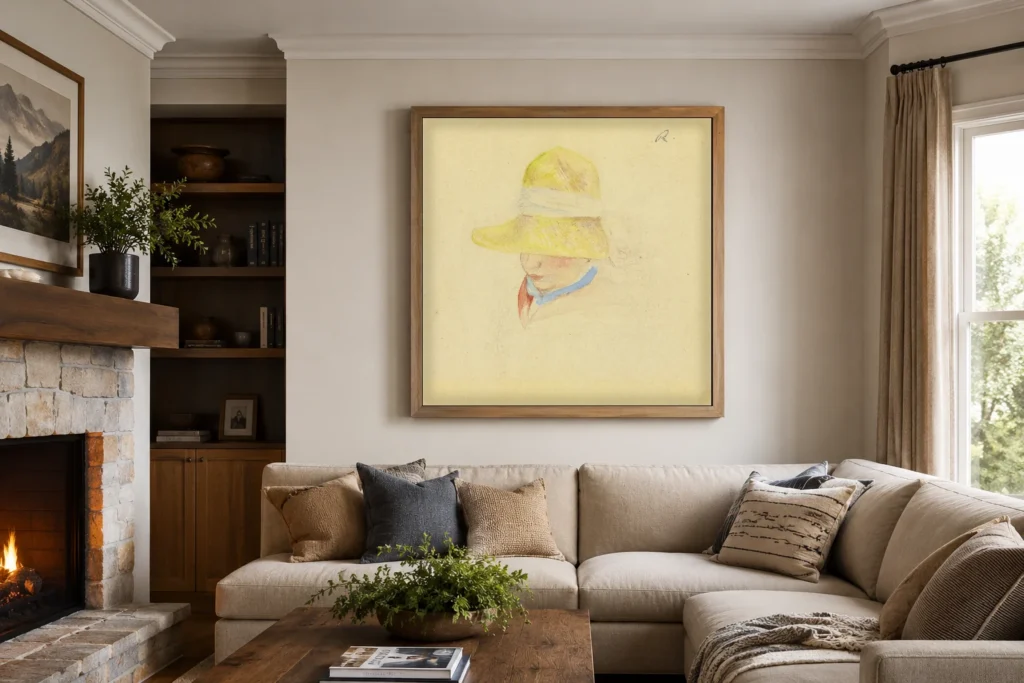 Framed print of Madame Renoir with a Hat hanging on a wall in a furnished room