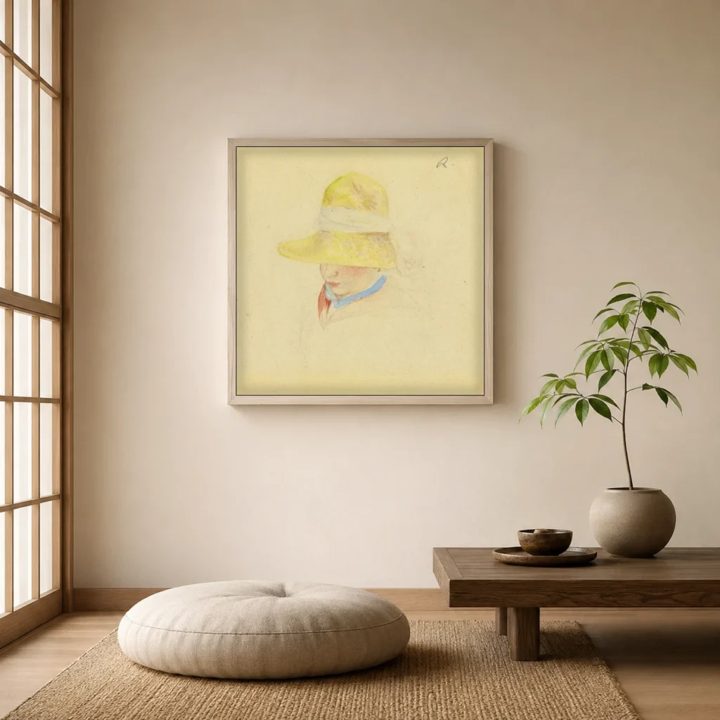 Framed print of Madame Renoir with a Hat hanging on a wall in a furnished room