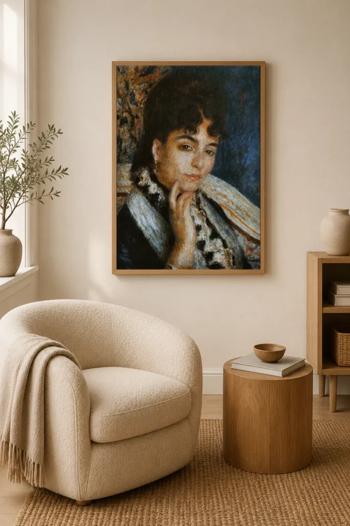 Framed print of Madame Alphonse Daudet hanging on a wall in a furnished room