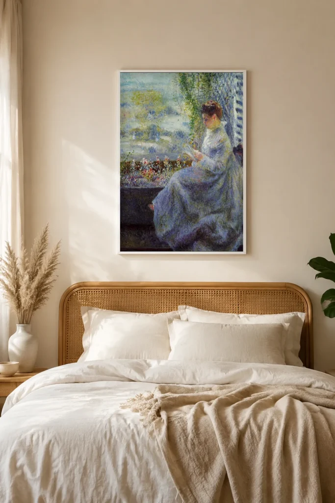 Framed print of Madame Chocquet Reading hanging on a wall in a furnished room