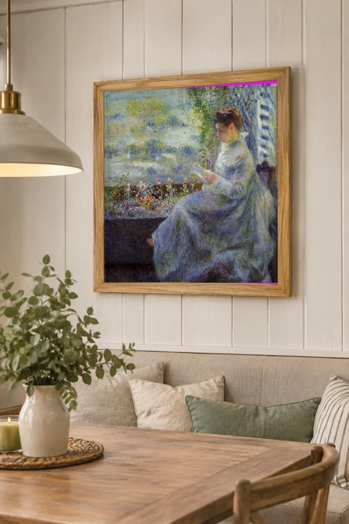 Framed print of Madame Chocquet Reading hanging on a wall in a furnished room