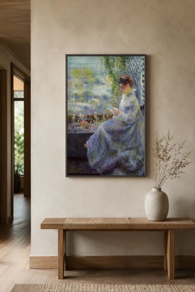 Framed print of Madame Chocquet Reading hanging on a wall in a furnished room