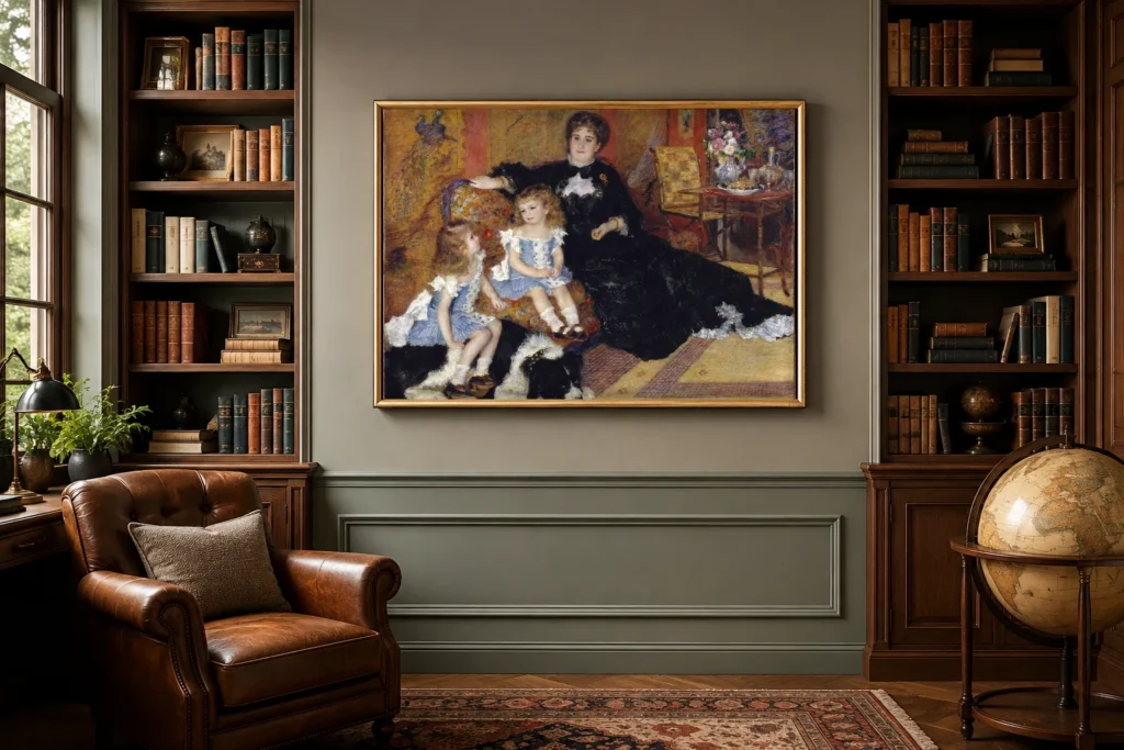 Framed print of Madame Georges Charpentier and her Children hanging on a wall in a furnished room