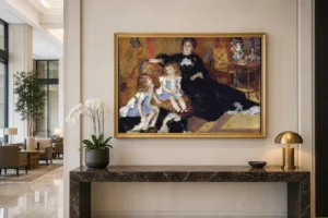Framed print of Madame Georges Charpentier and her Children hanging on a wall in a furnished room