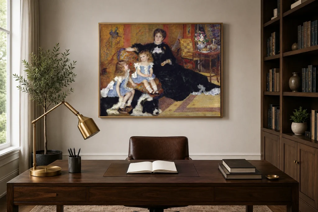 Framed print of Madame Georges Charpentier and her Children hanging on a wall in a furnished room