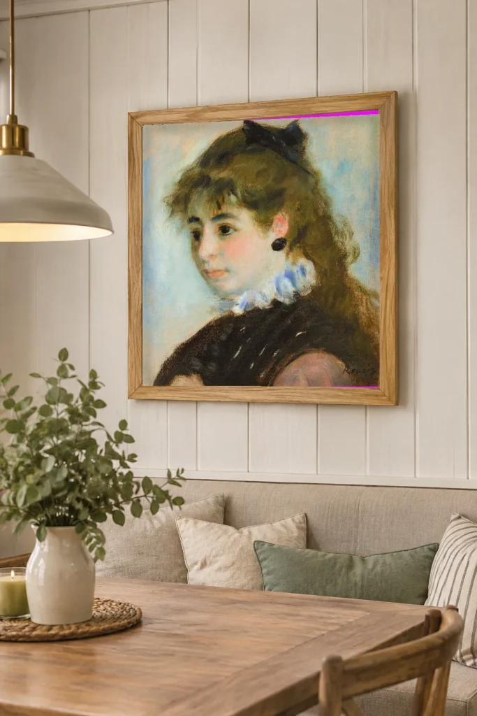 Framed print of Madame Henriette Henriot hanging on a wall in a furnished room