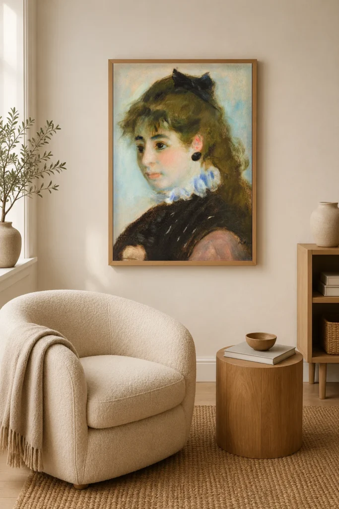 Framed print of Madame Henriette Henriot hanging on a wall in a furnished room