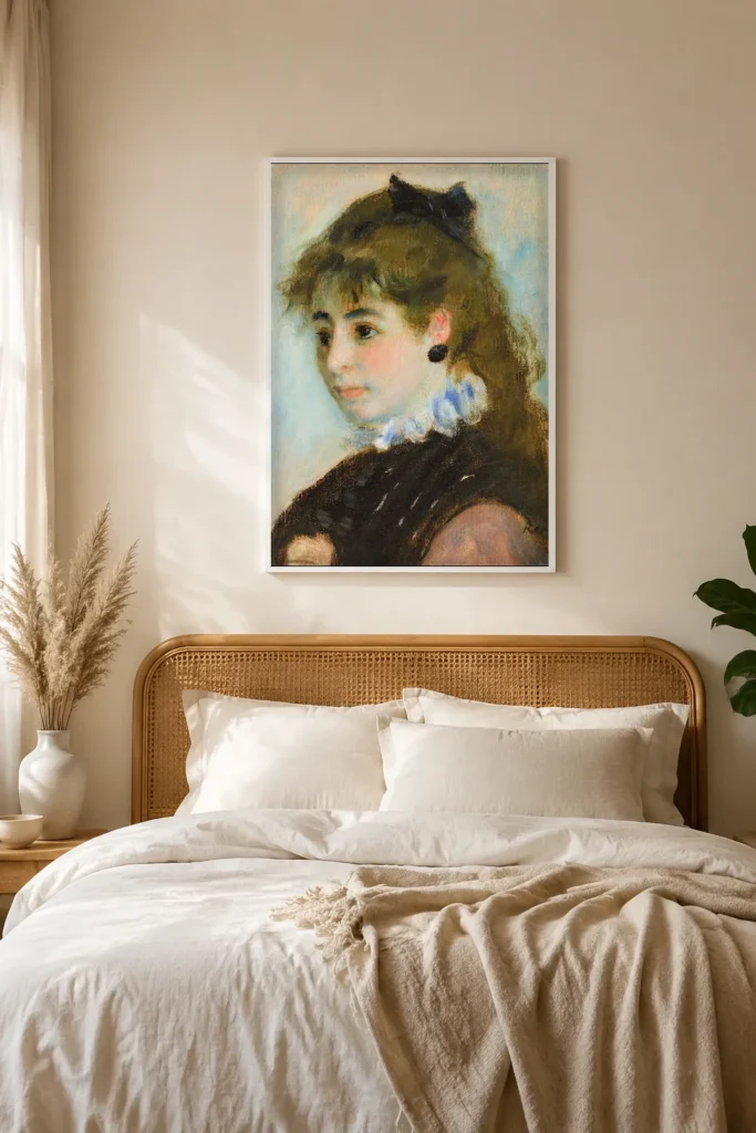 Framed print of Madame Henriette Henriot hanging on a wall in a furnished room