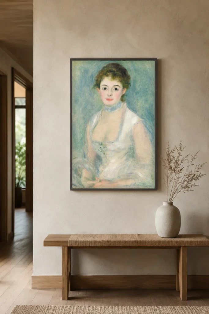 Framed print of Madame Henriot hanging on a wall in a furnished room