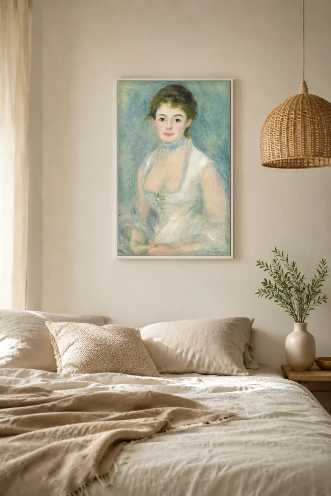 Framed print of Madame Henriot hanging on a wall in a furnished room