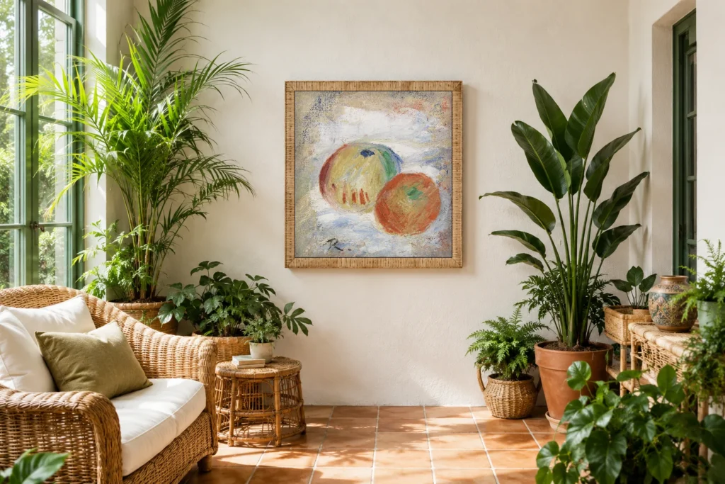Framed print of Apples (Pommes) hanging on a wall in a furnished room