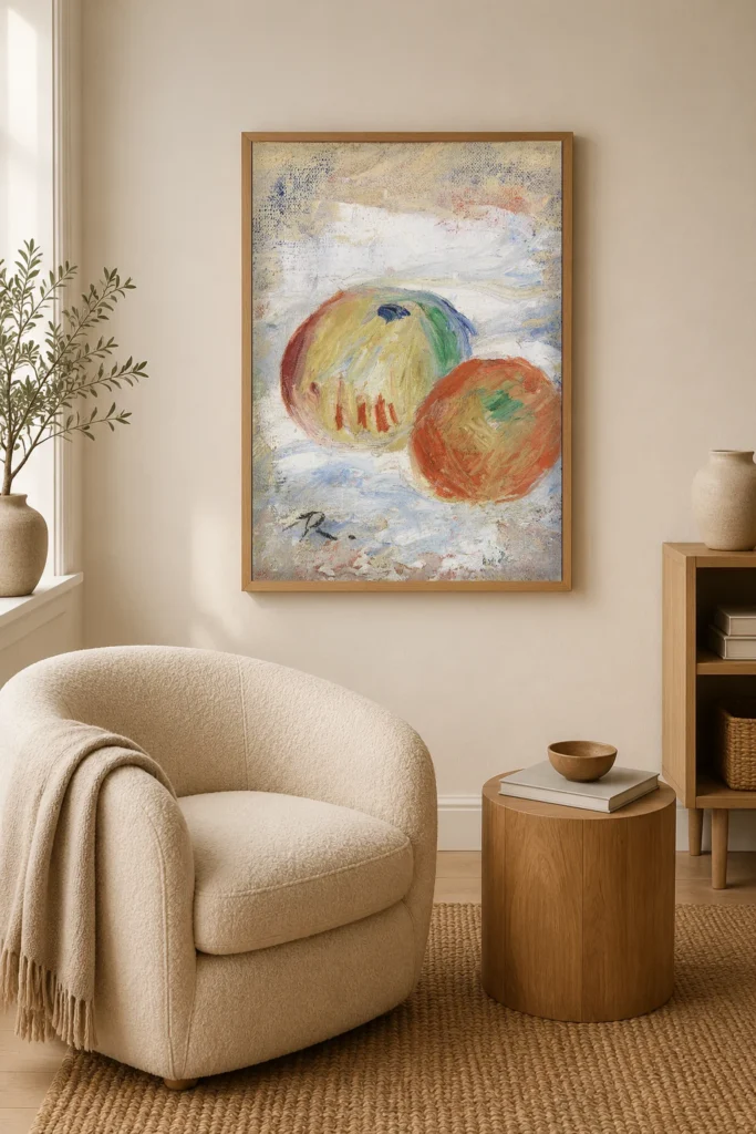 Framed print of Apples (Pommes) hanging on a wall in a furnished room