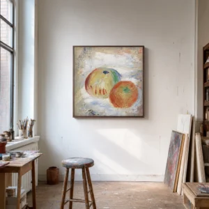Framed print of Apples (Pommes) hanging on a wall in a furnished room