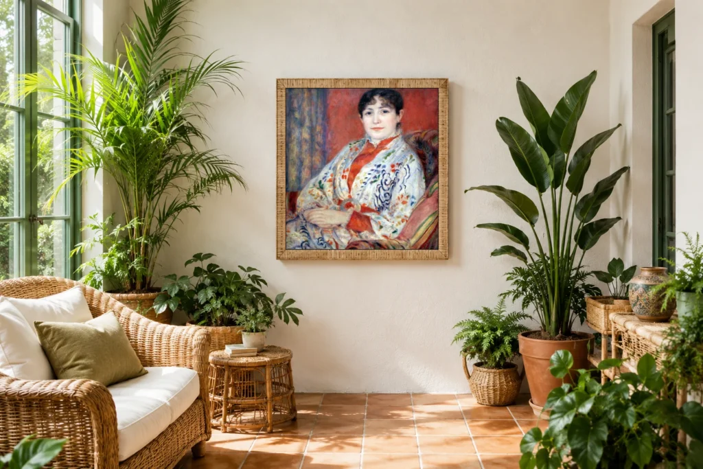 Framed print of Madame Hériot hanging on a wall in a furnished room