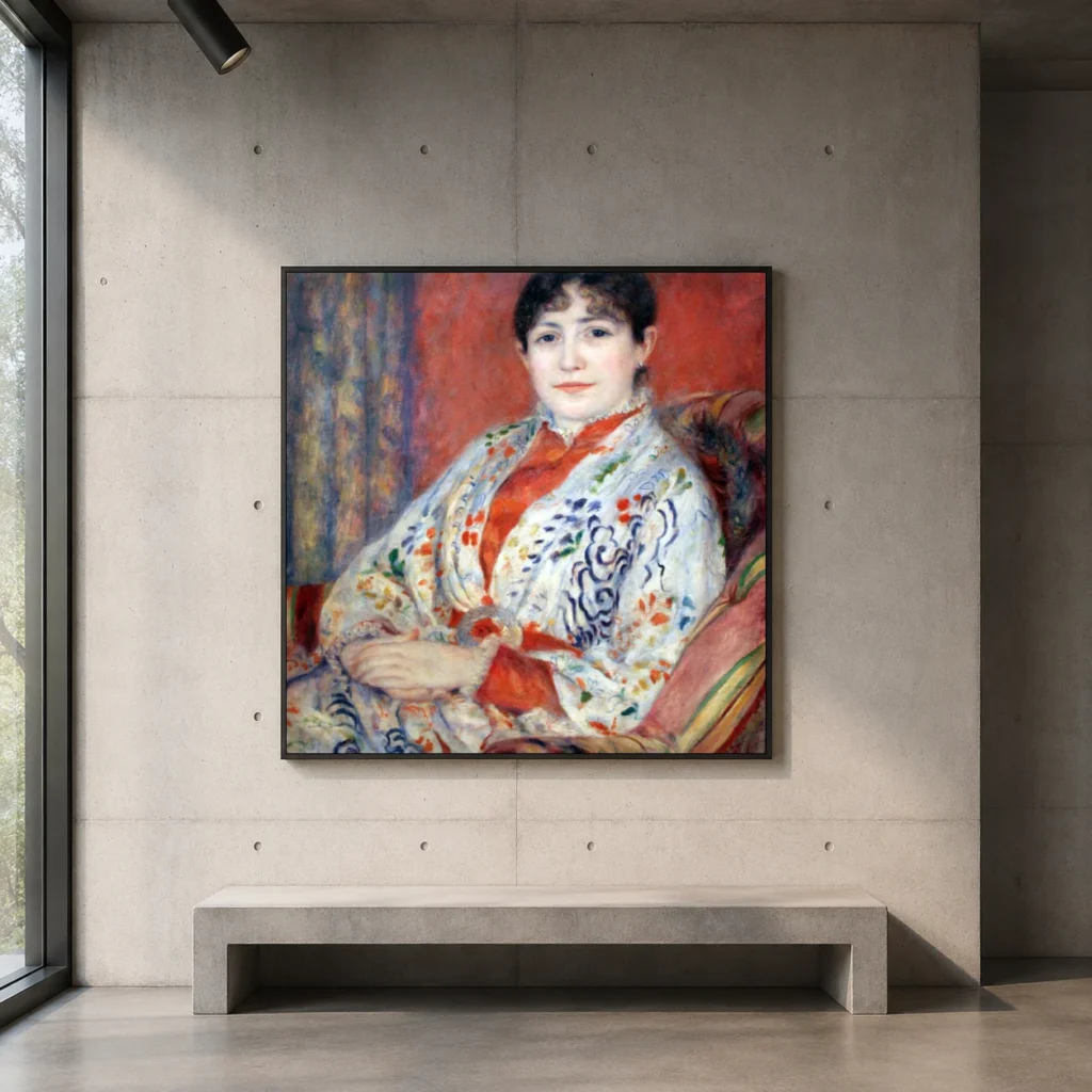 Framed print of Madame Hériot hanging on a wall in a furnished room