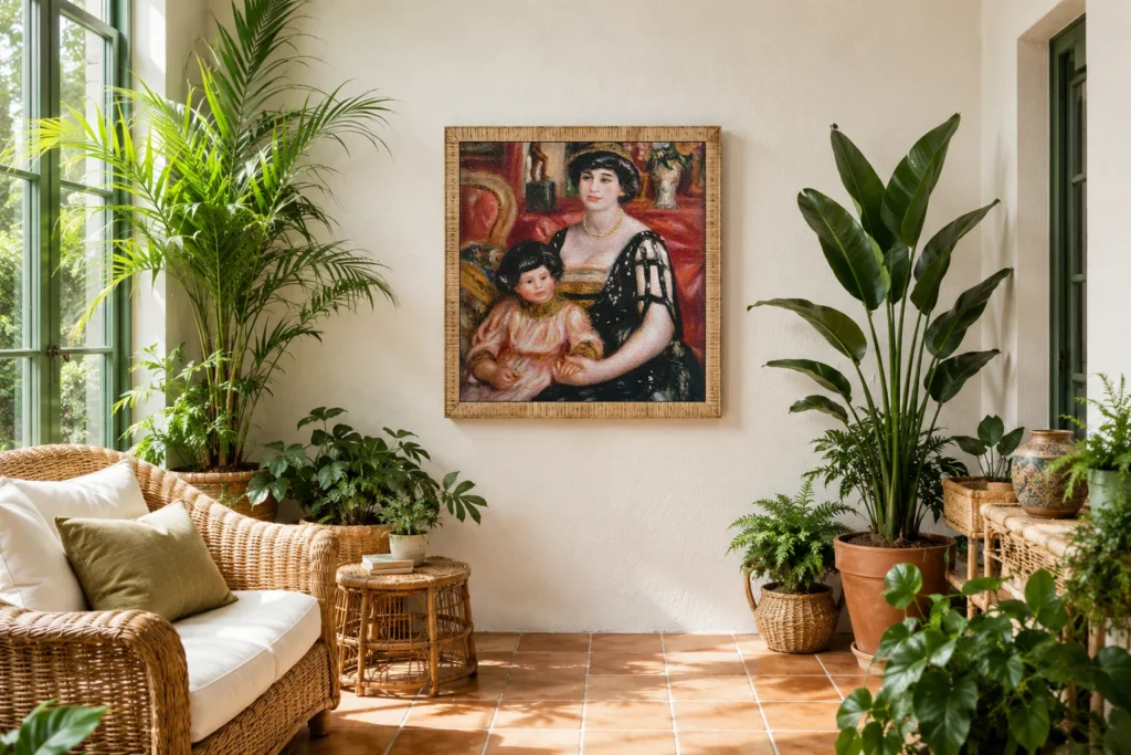 Framed print of Madame Josse Bernheim-Jeune and Her Son Henry hanging on a wall in a furnished room