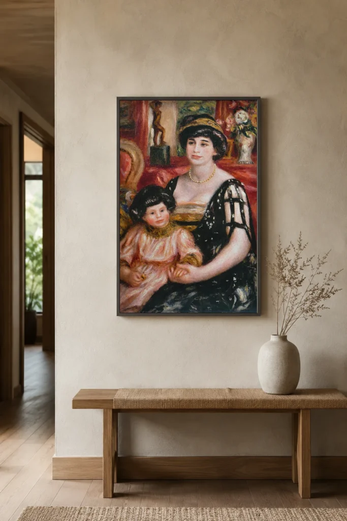 Framed print of Madame Josse Bernheim-Jeune and Her Son Henry hanging on a wall in a furnished room