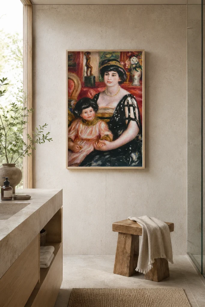 Framed print of Madame Josse Bernheim-Jeune and Her Son Henry hanging on a wall in a furnished room