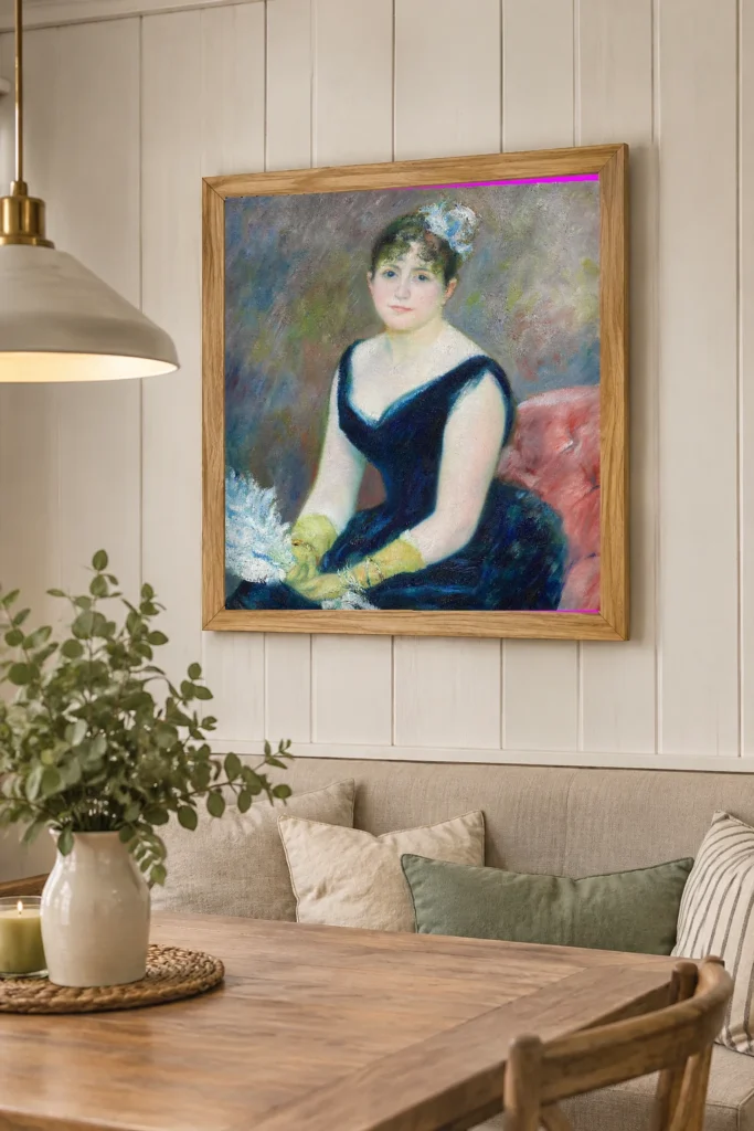 Framed print of Madame Léon Clapisson hanging on a wall in a furnished room