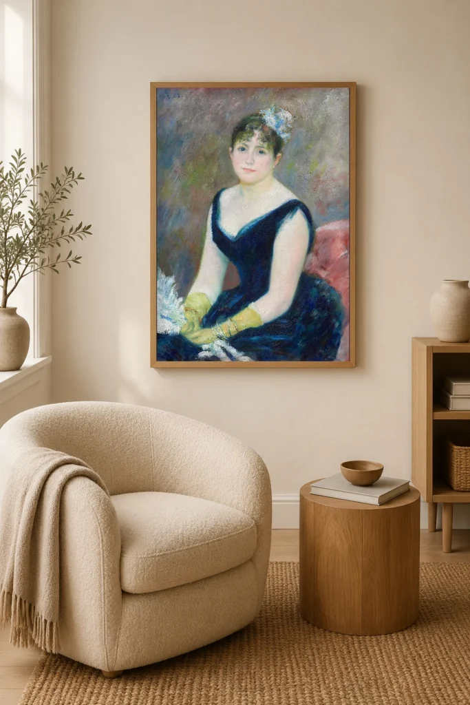 Framed print of Madame Léon Clapisson hanging on a wall in a furnished room