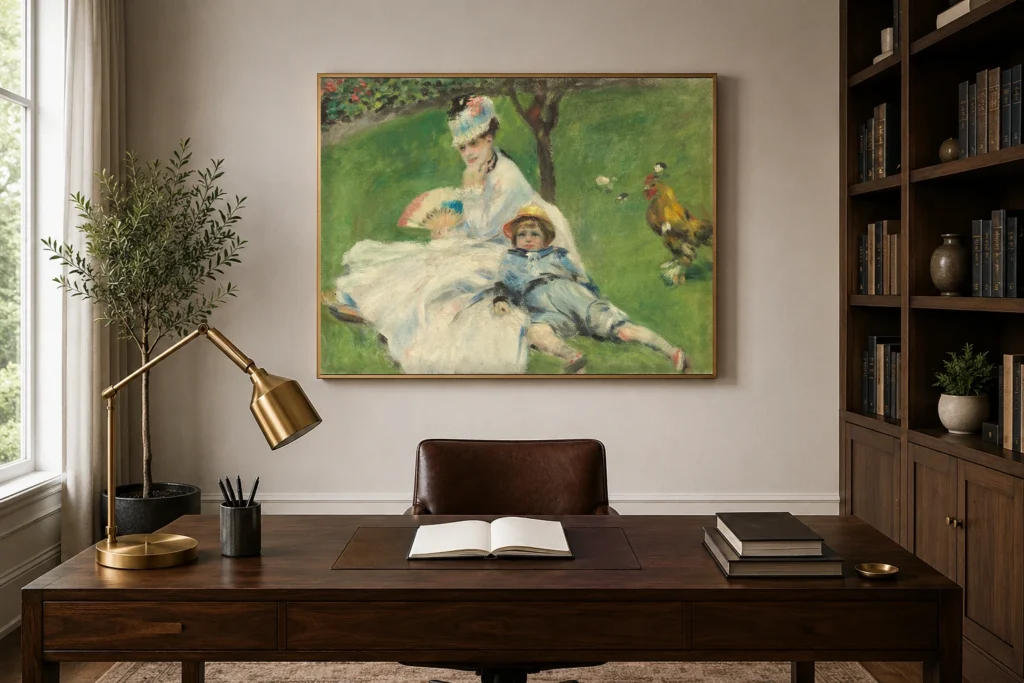 Framed print of Madame Monet and Her Son hanging on a wall in a furnished room