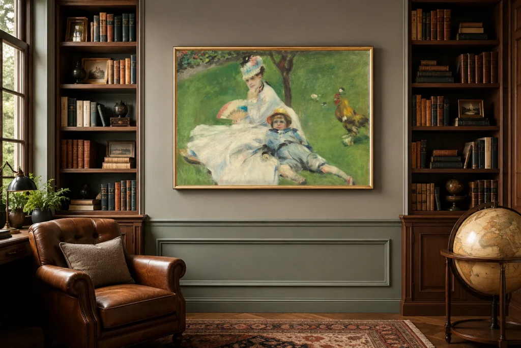 Framed print of Madame Monet and Her Son hanging on a wall in a furnished room
