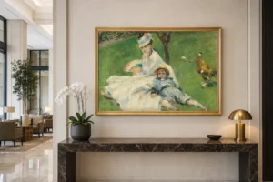 Framed print of Madame Monet and Her Son hanging on a wall in a furnished room