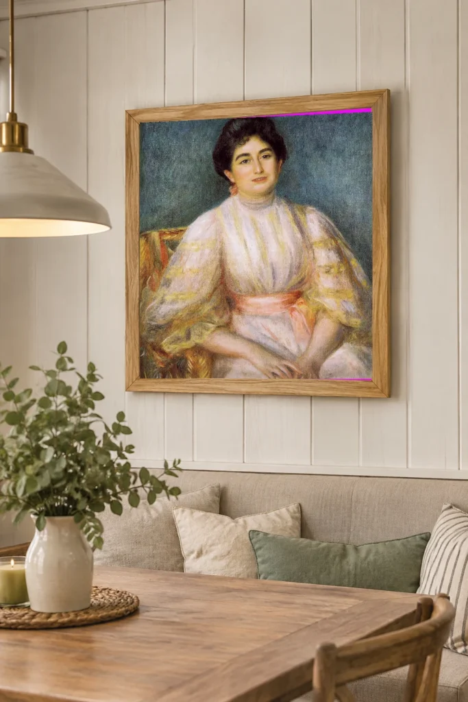 Framed print of Madame Paul Gallimard née Lucie Duche hanging on a wall in a furnished room